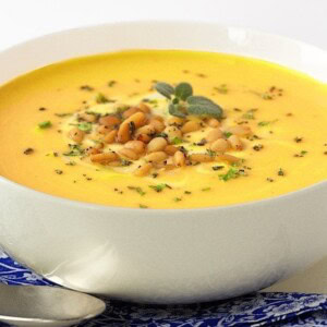 Butternut Bisque with Brown Butter Sage Pine Nuts - incredibly delicious and super easy to throw together. I love that you don't have to peel the butternut squash!