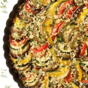 Overhead picture of Summer Veggie Gratin on a white background