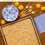 Overhead vertical photo of a Peanut Butter Texas Sheet Cake on a wood table with a graphic title, "Ridiculously Easy Peanut Butter Texas Sheet Cake" at the top of the photo.