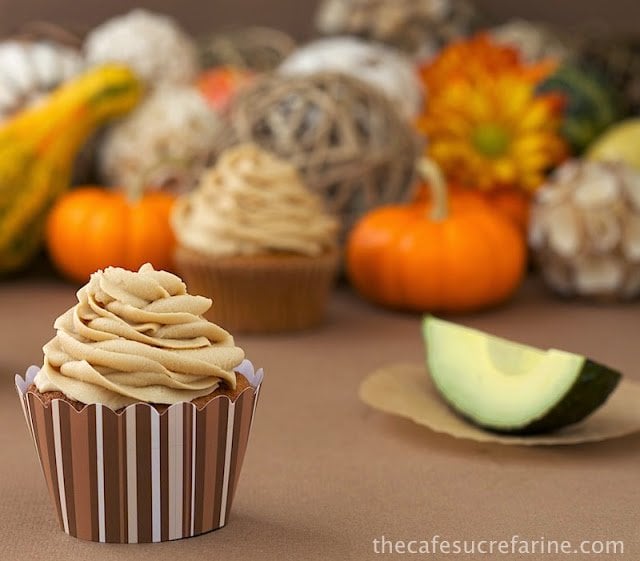 California Avocado Pumpkin Cupcakes w/ Avocado Caramel Buttercream How fun are these? They're also amazingly delicious and on the healthy side with avocados replacing some of the unhealthy fat in both the cupcakes and the icing! 