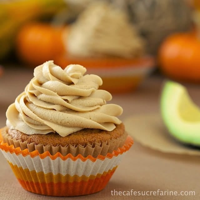 California Avocado Pumpkin Cupcakes w/ Avocado Caramel Buttercream How fun are these? They're also amazingly delicious and on the healthy side with avocados replacing some of the unhealthy fat in both the cupcakes and the icing! 