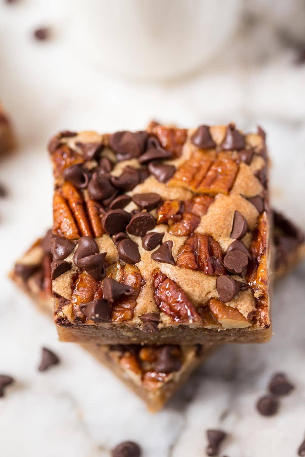 Overhead picture of Candied Pecan Brown Butter Blondies stacked