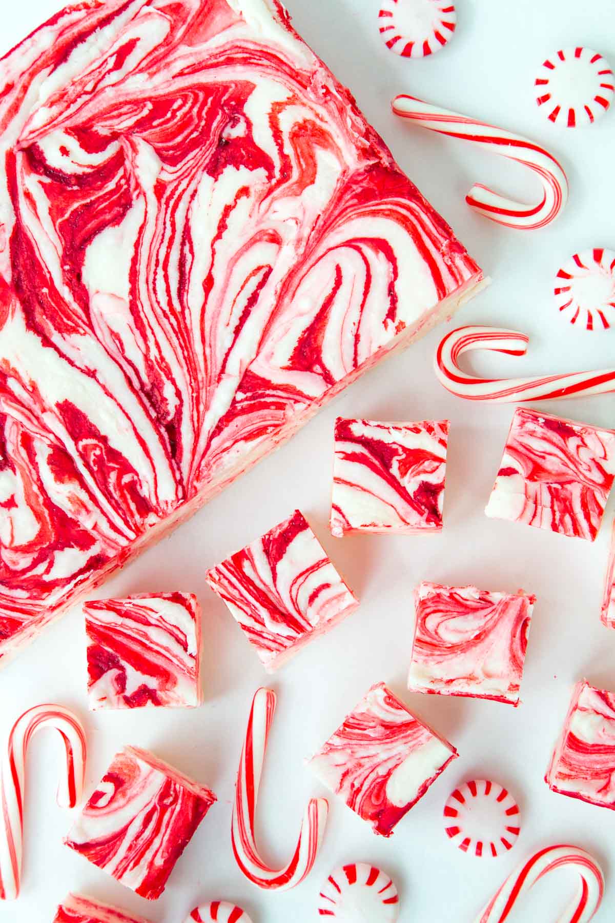 Overhead picture of candy cane fudge cut into squares