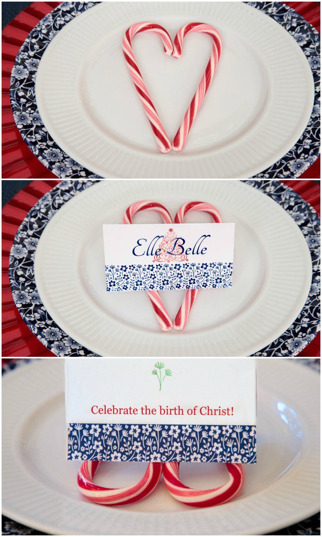 A photo collage showing table name tags for the holidays.
