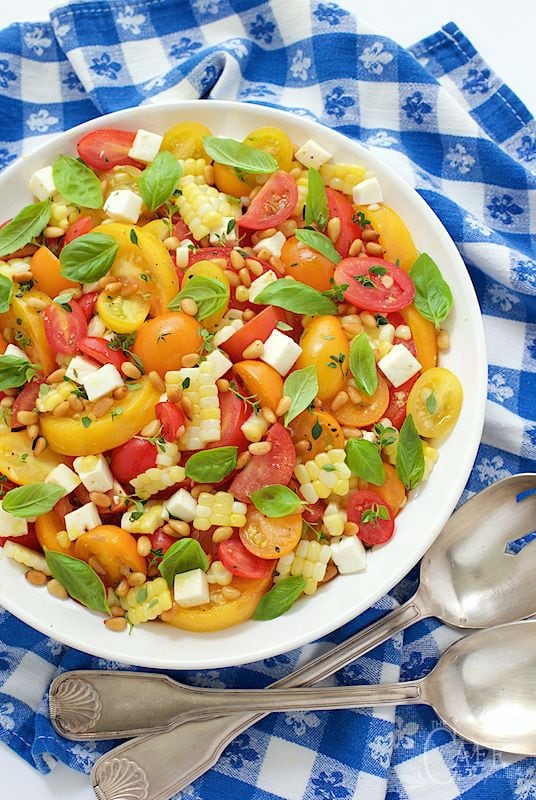 Fresh Corn and Tomato Caprese Salad - if you look up "summer" in the dictionary, you just might see a picture of this fresh, delicious, vibrant salad! thecafesucrefarine.com