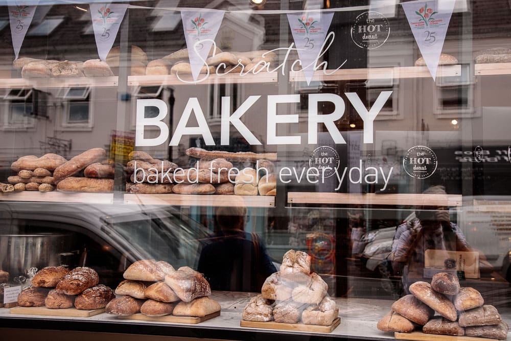 Picture of a store front window of a traditional Irish bakery.