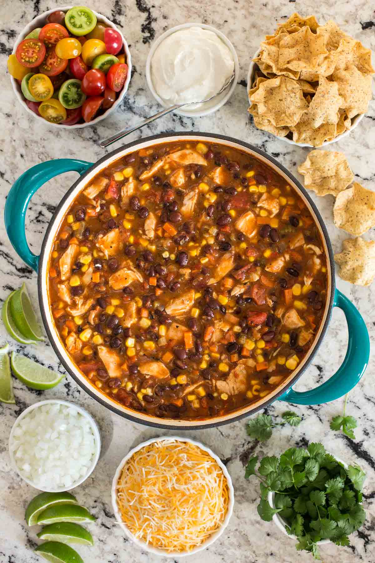 Overhead photo of Chicken Black Bean Chili in a turquoise dutch oven surrounded by small bowls of toppings.