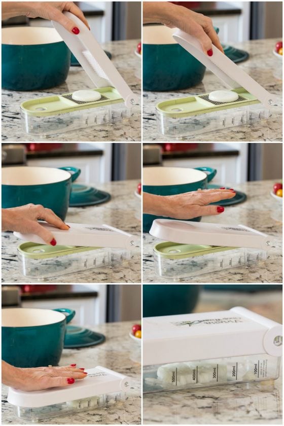 A photo collage of how to chop vegetables using a Vidalia Chopper.