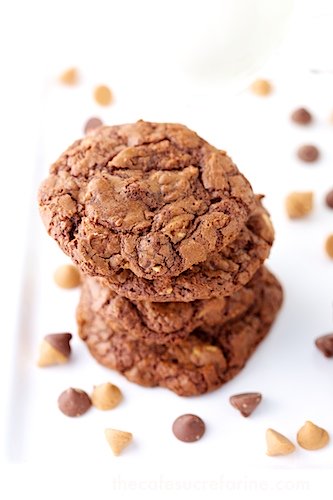 Overhead photo of a stack of Chocolate Peanut Butter Toffee Cookies.