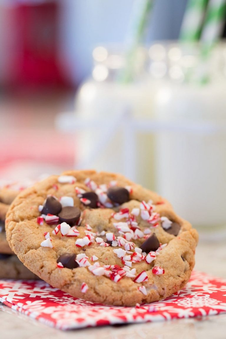 With lots of chocolate chips and crushed peppermint both inside and as a pretty topping, these Easy Candy Cane Chocolate Chip Cookies will disappeared like hotcakes!