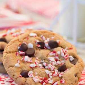 Chocolate Chip Candy Cane Cookies on a red and white napkin