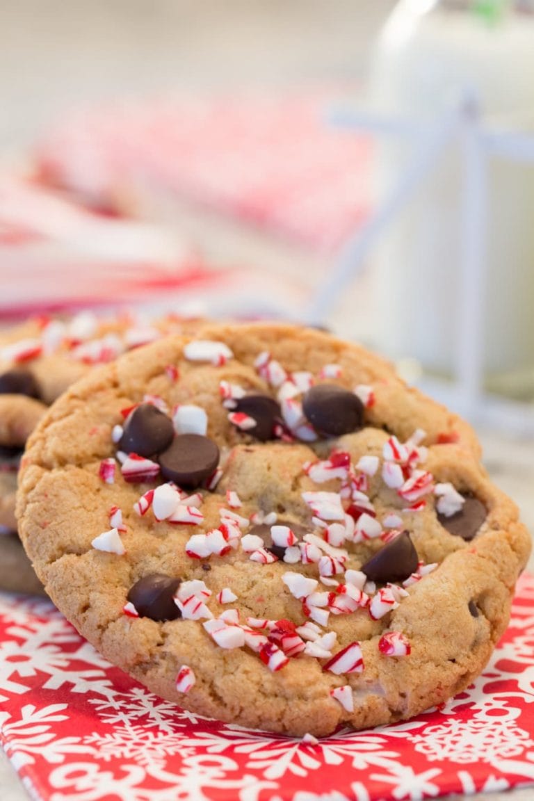 Chocolate Chip Candy Cane Cookies on a red and white napkin