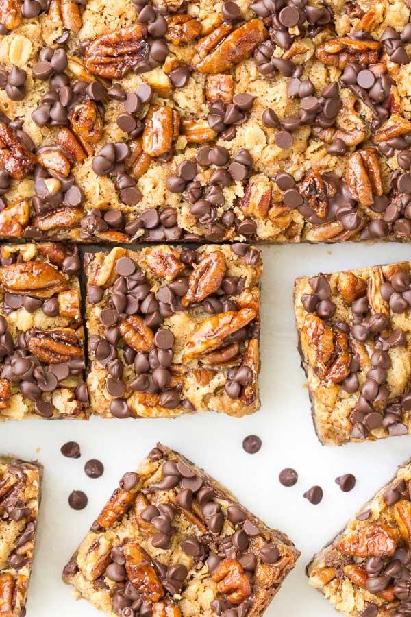 Close up picture of Chocolate Chip Cherry Oatmeal Bars cut into squares