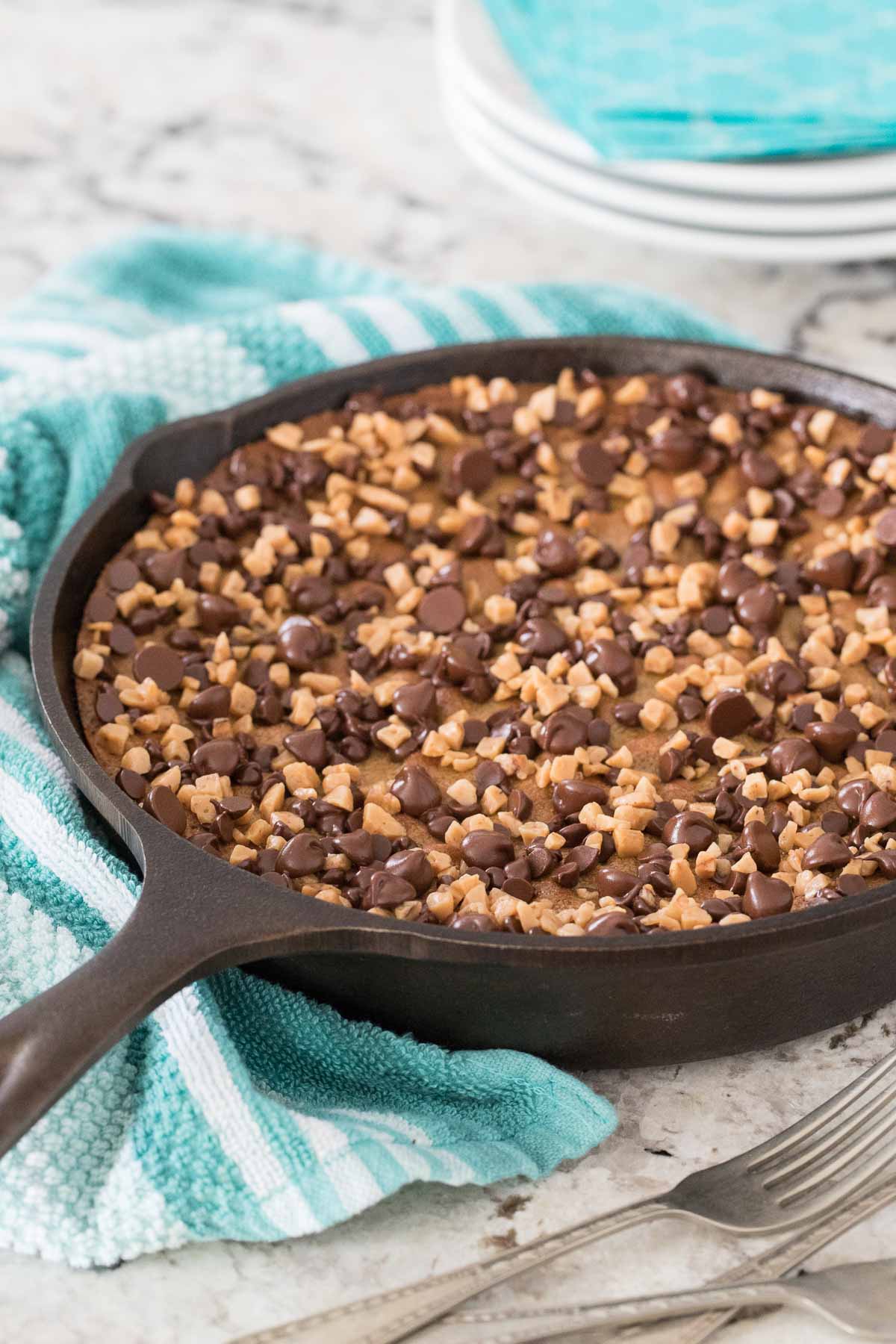 Close up view of Chocolate Chip Toffee Skillet Tart 