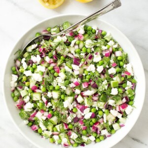 Overhead picture of Chopped Cucumber Dill Salad in a white bowl