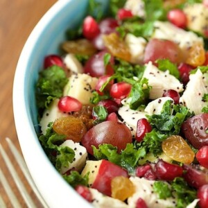 Close up vertical picture of Chopped Chicken, Apple and Kale Salad in a blue and white bowl