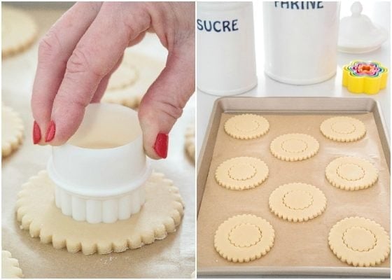 Photos of how to cut the insides of shortbread cookies with a round scalloped cookie cutter.