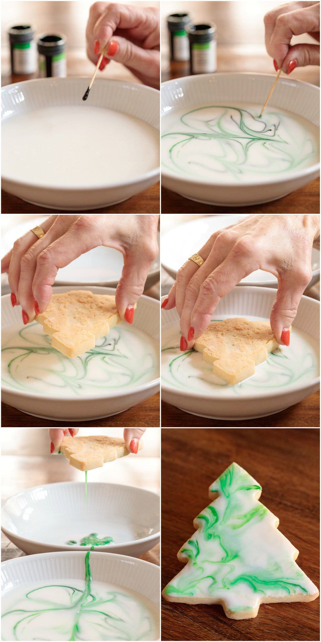 Collage of photos demonstrating how to ice Christmas Tree Shortbread Cookies.