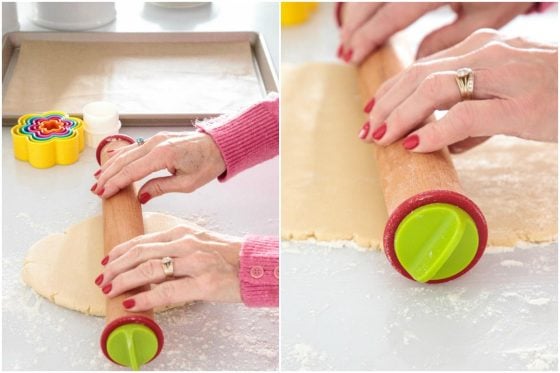 A two-photo collage of rolling shortbread cookie dough with a Joseph Joseph adjustable pastry dough rolling pin.