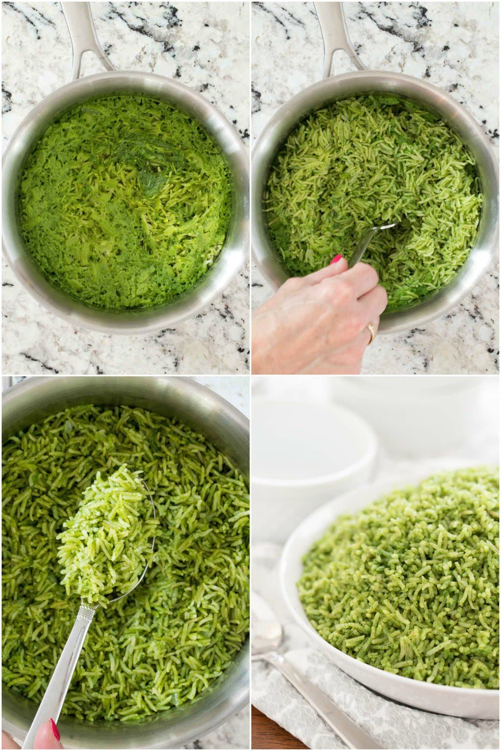 Process photos of how to finish cooking Cilantro Rice (Arroz Verde).