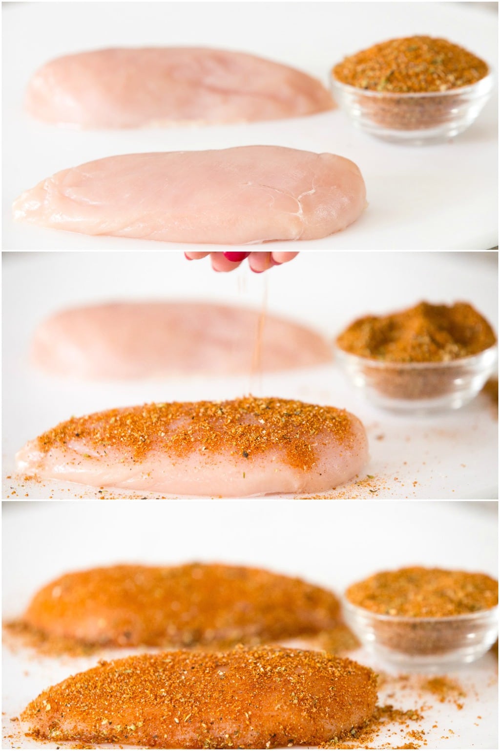 Collage of three horizontal process shots demonstrating how to apply the rub for making Juicy Tender Restaurant Style Chicken Breasts.