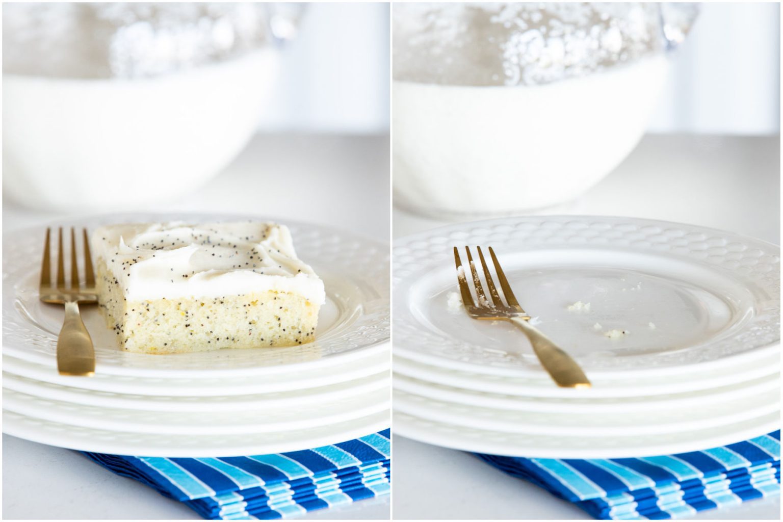 Ridiculously Easy Lemon Poppy Seed Sheet Cake - thecafesucrefarine.com Horizontal 2-photo collage of Ridiculously Easy Lemon Poppy Seed Sheet Cake before and after it was eaten.