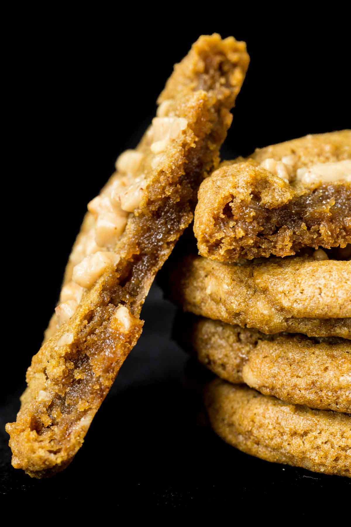 Extreme closeup photo of the inside of a Crispy, Chewy Toffee Pumpkin Cookie.