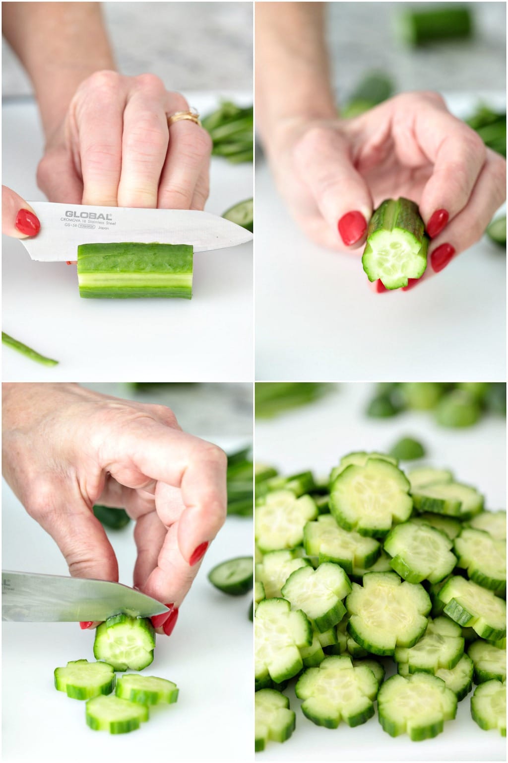 Photo collage of how to make Cucumber Flowers.