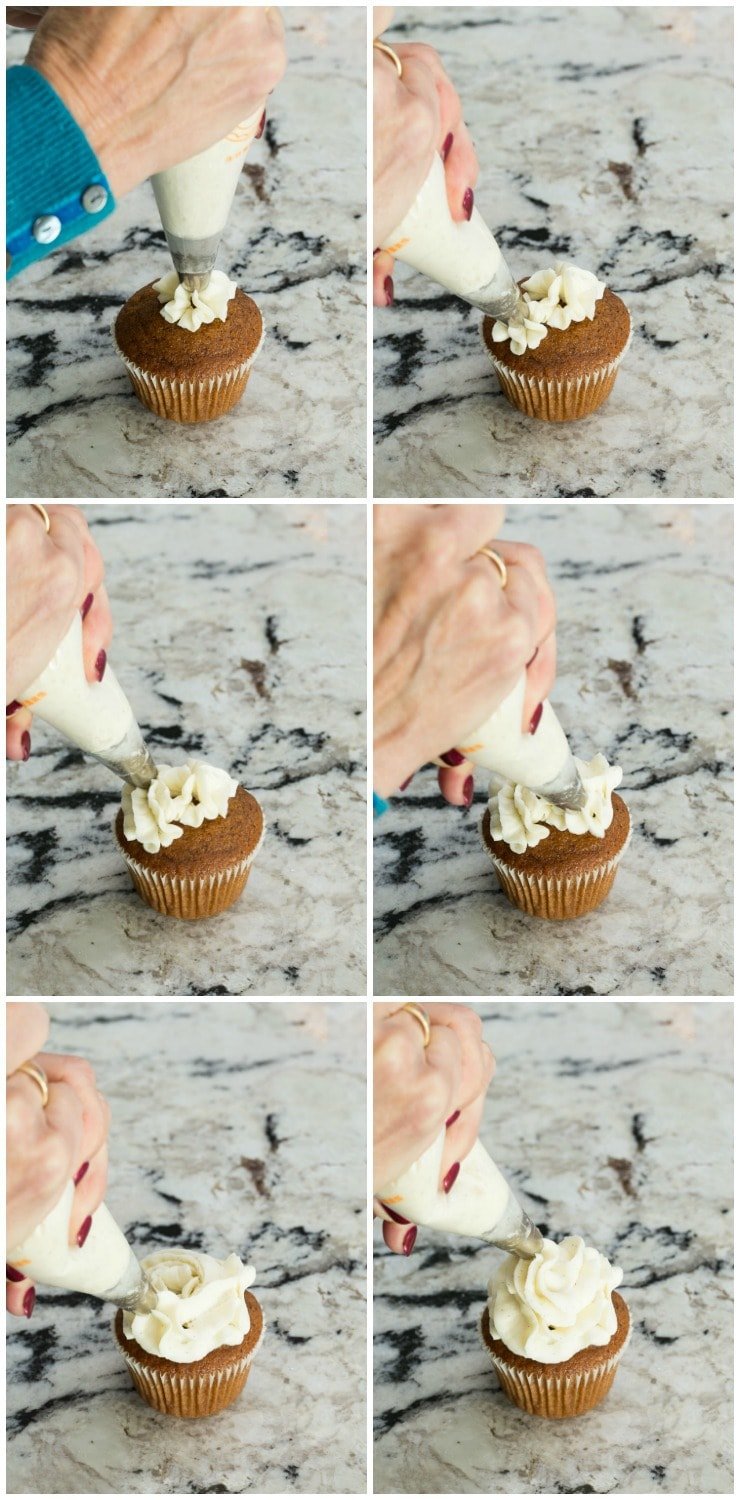 Step by step photo collage of a person decorating a easy pumpkin cupcake with vanilla bean buttercream icing on a granite kitchen island.