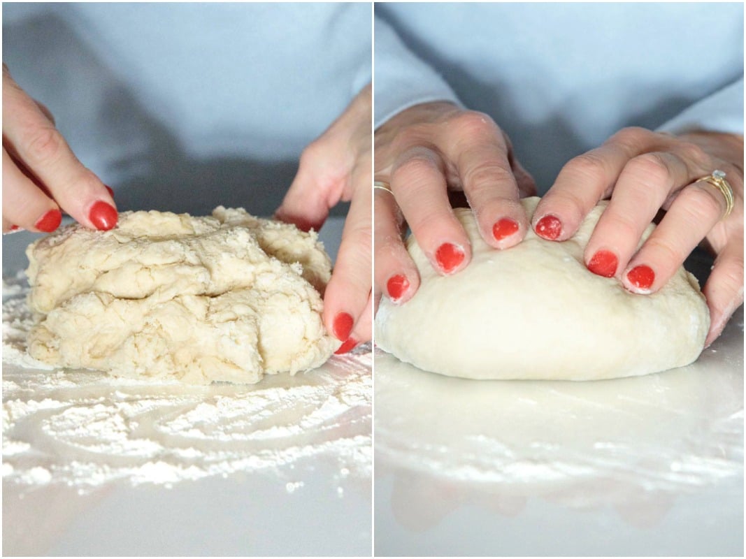 Two vertical photos demonstrating shaggy vs finished Easy Deep Dish Pizza Dough.