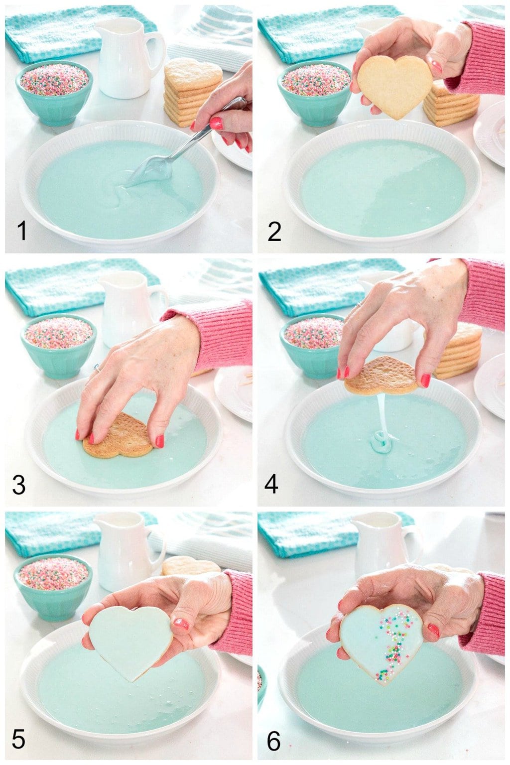 Step-by-step 6-photo collage of how to make Dip, Drip and Flip Shortbread Valentine Cookies.