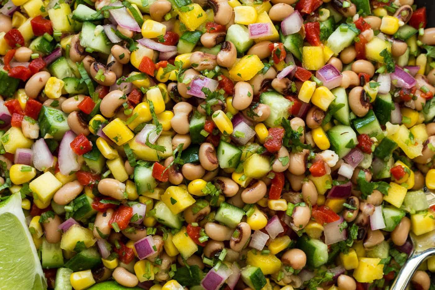 Closeup photo of a dish of Easy Black-Eye Pea Salad.
