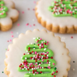 Overhead picture of decorated christmas cookies on a white background