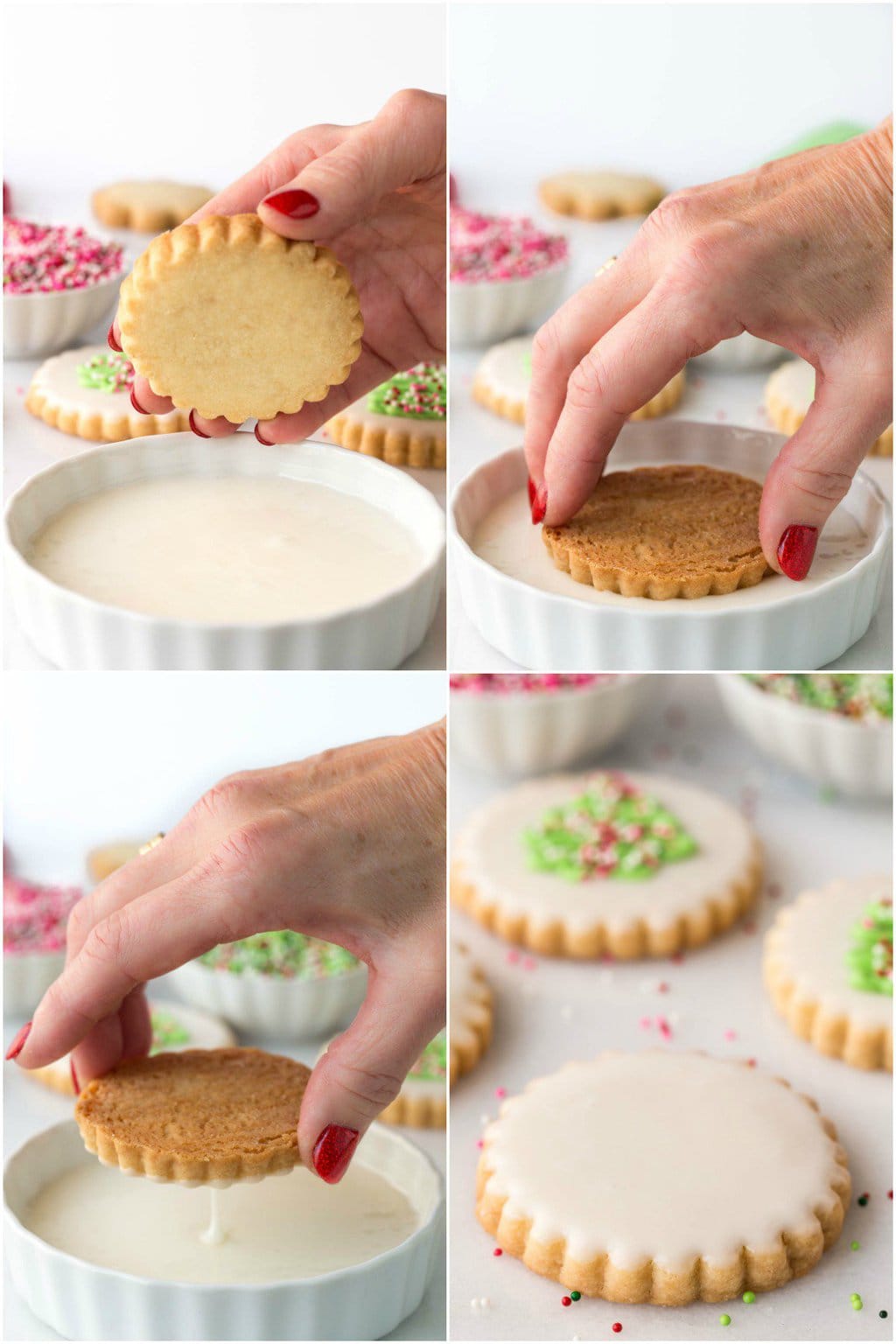 How-to collage of icing some Christmas Shortbread Cookies.