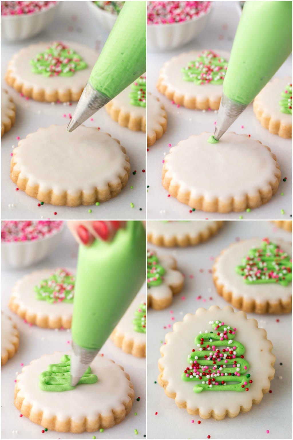 How-to collage of decorating with icing a bunch of Christmas Shortbread Cookies.