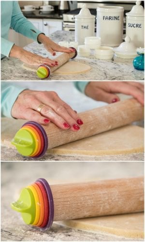 Vertical 3-photo collage of how a variable height rolling pin works.