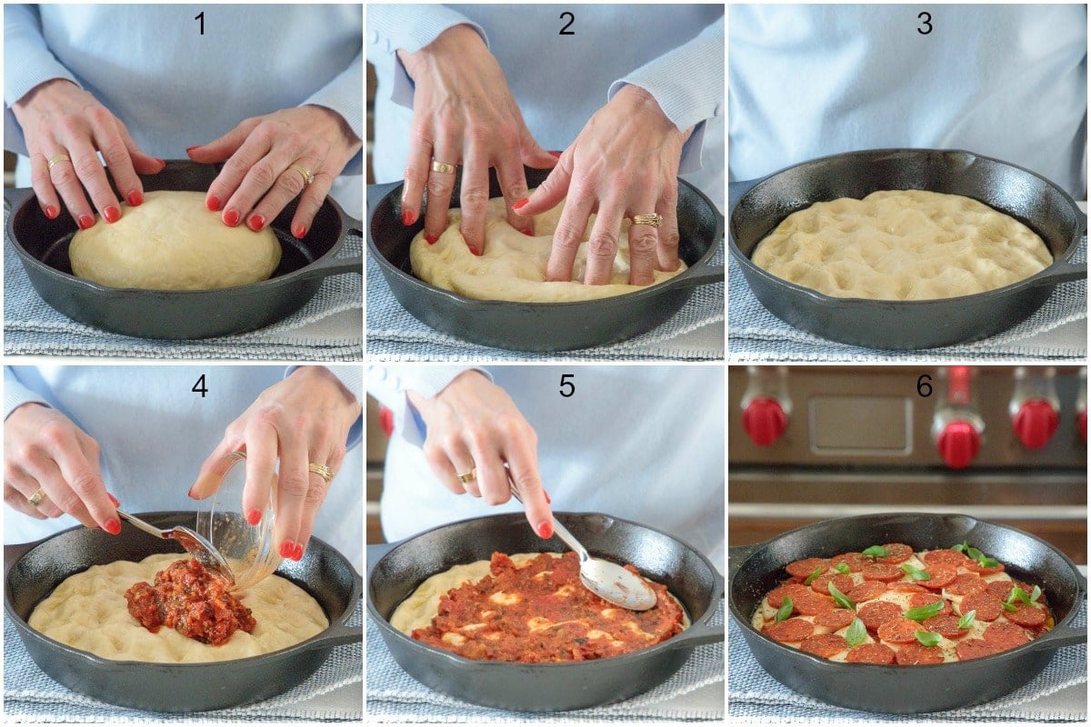 Step-by-step 6-photo collage of how to make an Easy Deep Dish Pizza Dough pizza with pepperoni, mozzarella cheese and fresh basil.
