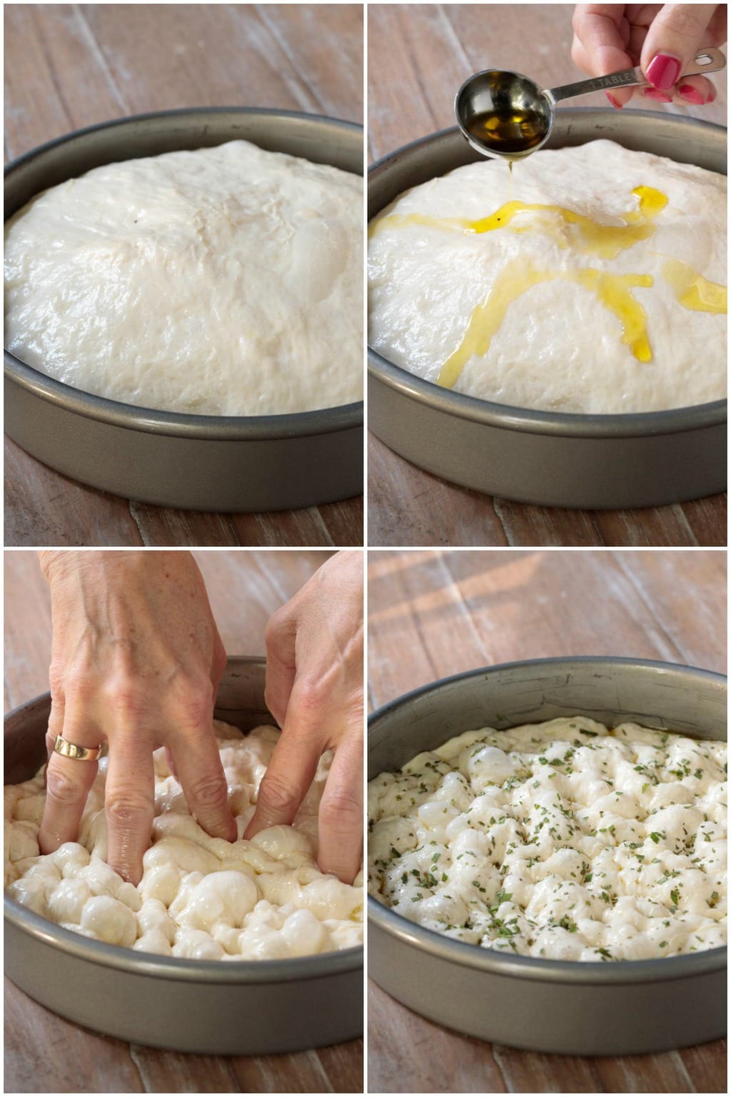 A collage of photos demonstrating how to dimple Easy Focaccia Bread.