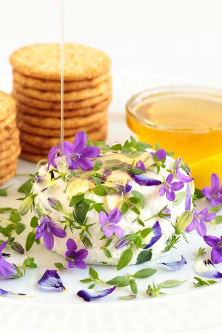 Vertical picture of goat cheese, edible flowers and crackers