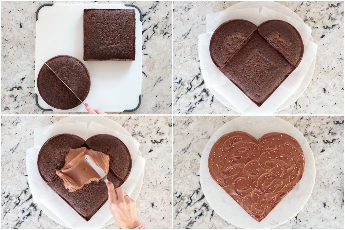 Four horizontal photo collage of how to make and frost a Ridiculously Easy One-Bowl Chocolate Heart Cake.