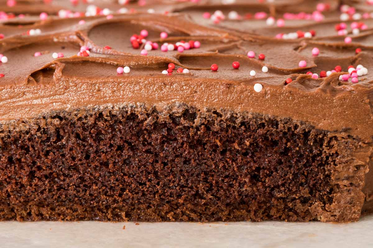 Super closeup photo of the inside of an Easy, One-Bowl Chocolate Heart Cake.