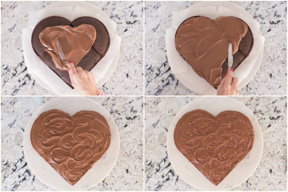 Four horizontal photo collage of how to ice a Ridiculously Easy One-Bowl Chocolate Heart Cake.