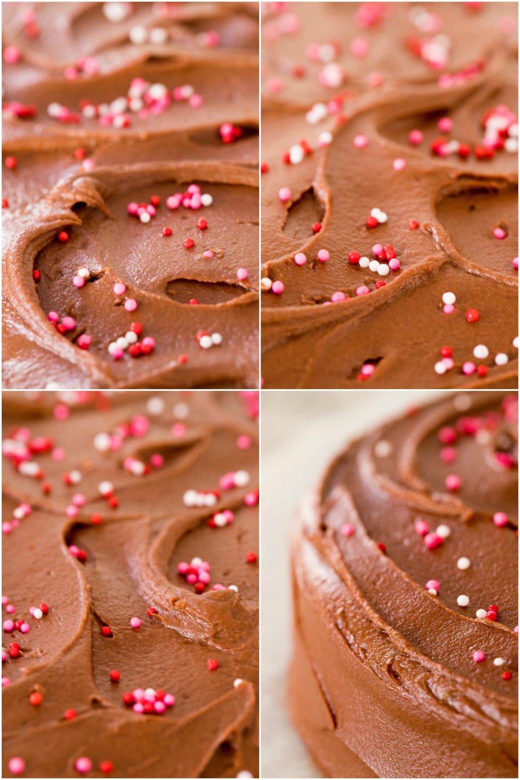Closeup collage of photos of the chocolate buttercream icing on a Ridiculously Easy One-Bowl Chocolate Heart Cake.