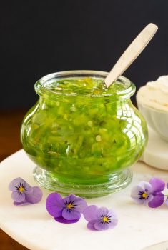 Vertical picture of Pineapple Jalapeno Pepper Jelly in a glass jar