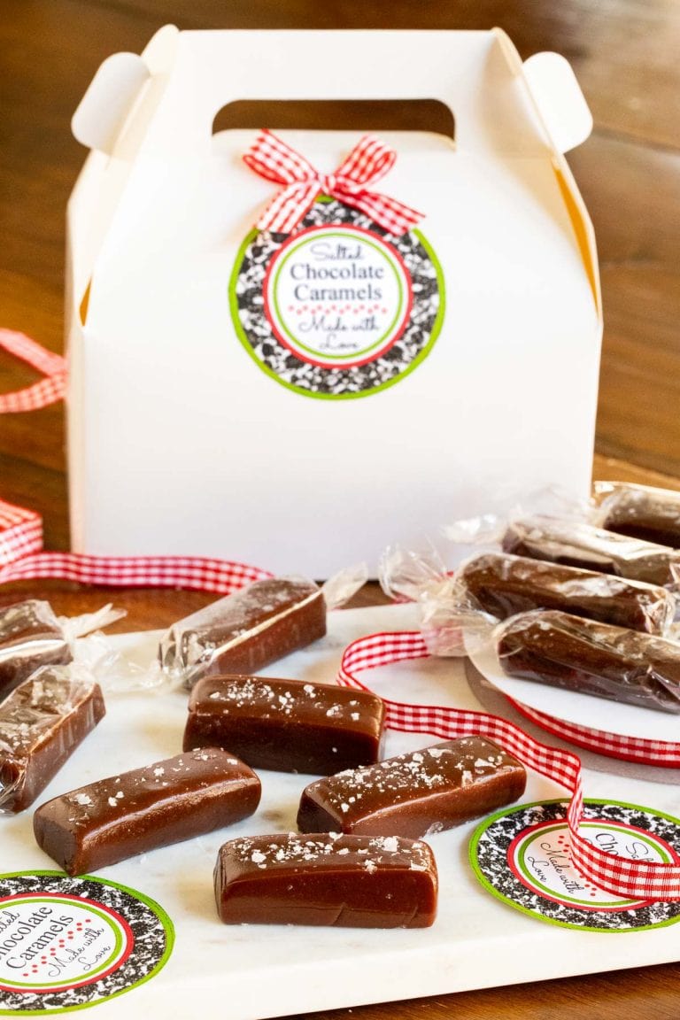 Vertical picture of Salted Chocolate Caramels with ribbon, gift boxes and gift labels