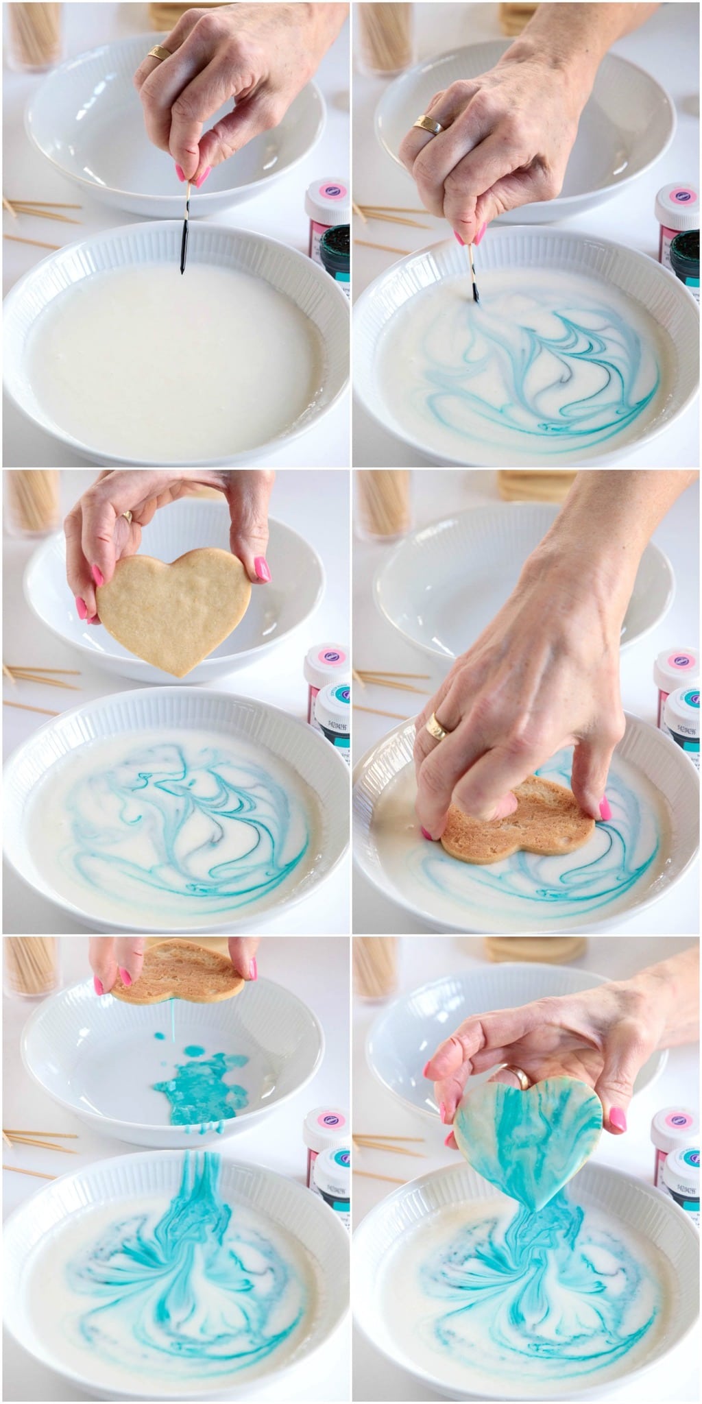 A photo collage demonstrating how to use the Dip, Drip and Flip cookie decorating method.