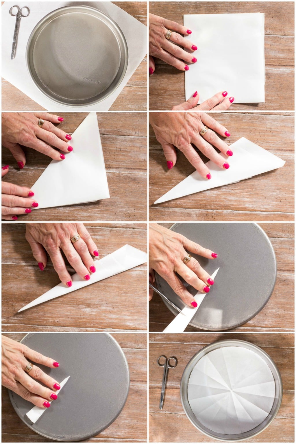 Collage of 8 photos demonstrating the Easy Way to Line a Cake Pan with parchment baking paper.