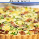 Vertical closeup side photo of an Easy Zucchini Summer Quiche with garnishes of thyme in the foreground.