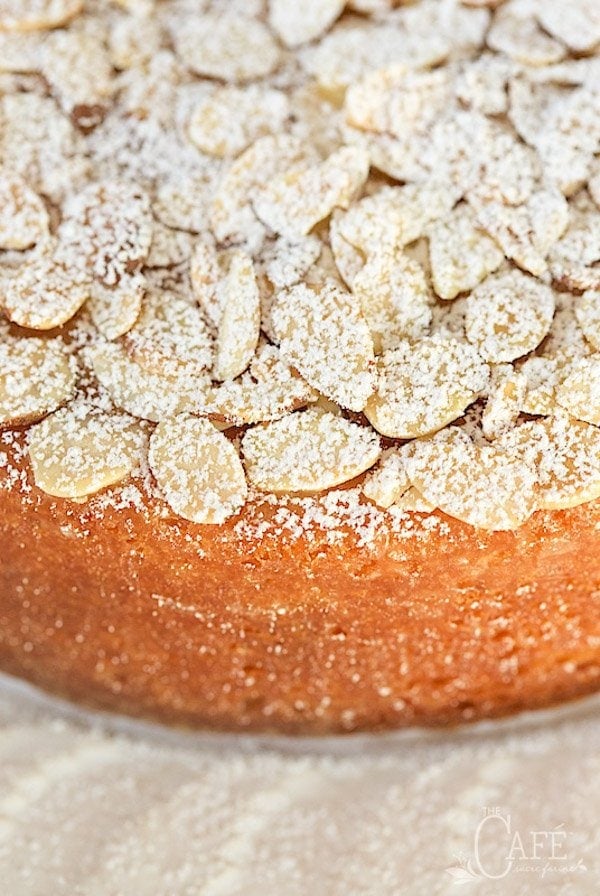 Vertical closeup of almond topping sprinkled with powdered sugar on French Almond Cake.
