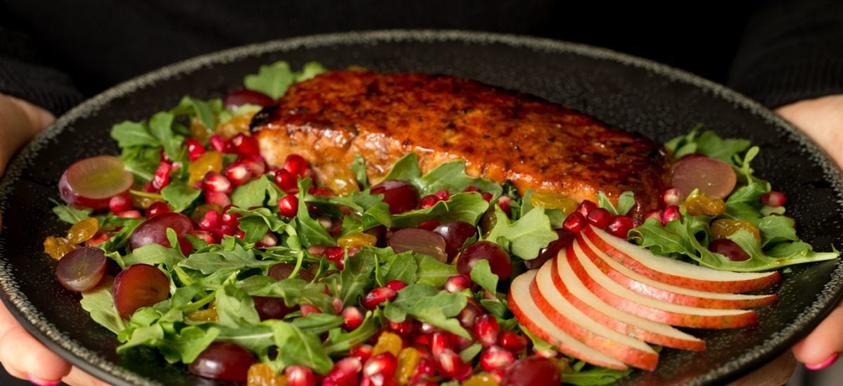Close up view of Asian Glazed Salmon Salad with Maple Ginger Dressing 